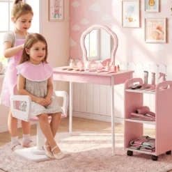 Kinder Schminktisch mit Drehstuhl & Friseurwagen Friseurtisch mit Verstellbarer Beleuchtung Rosa