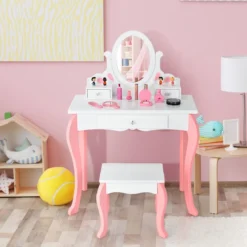 Kinder Schminktisch mit Hocker Prinzessin Frisiertisch mit 3 Schublade & Spiegel Weiß/Rosa