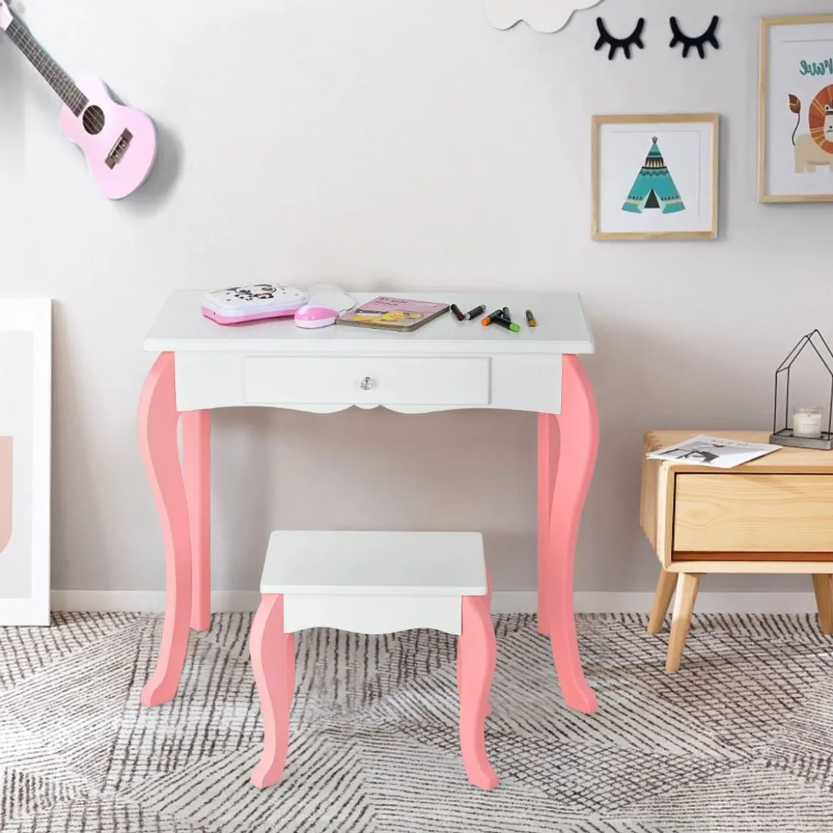 Kinder Schminktisch mit Hocker Prinzessin Frisiertisch mit 3 Schublade & Spiegel Weiß/Rosa