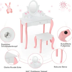 Kinder Schminktisch mit Hocker Prinzessin Frisiertisch mit 3 Schublade & Spiegel Weiß/Rosa