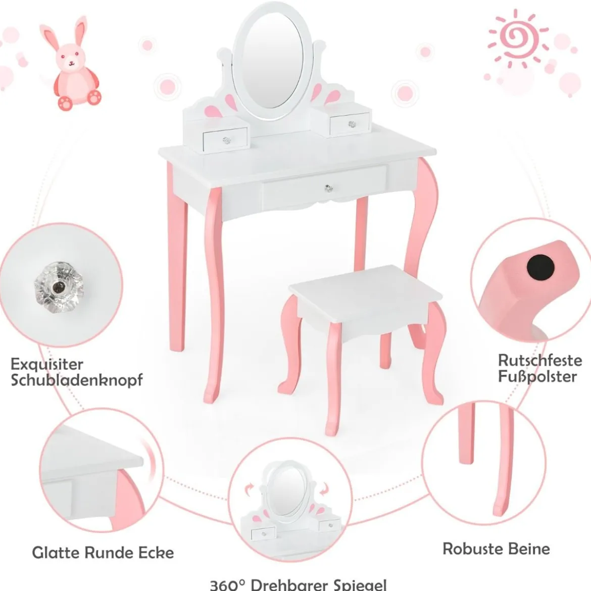 Kinder Schminktisch mit Hocker Prinzessin Frisiertisch mit 3 Schublade & Spiegel Weiß/Rosa