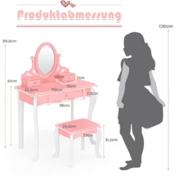 Kinder Schminktisch mit Hocker Prinzessin Frisiertisch mit 3 Schublade & Spiegel Weiß/Rosa