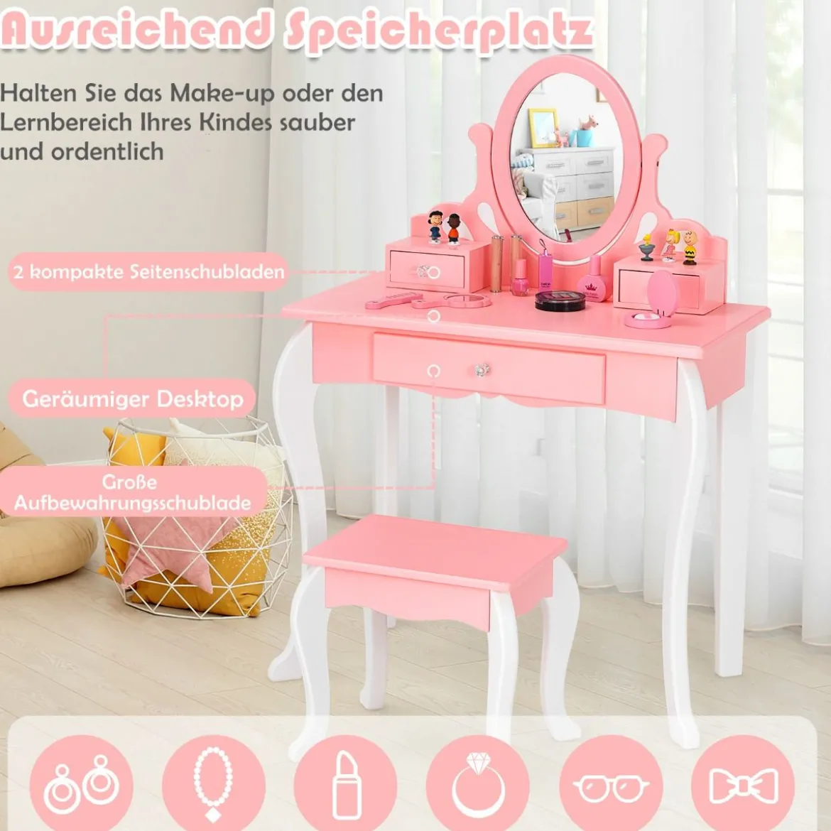 Kinder Schminktisch mit Hocker Prinzessin Frisiertisch mit 3 Schublade & Spiegel Weiß/Rosa
