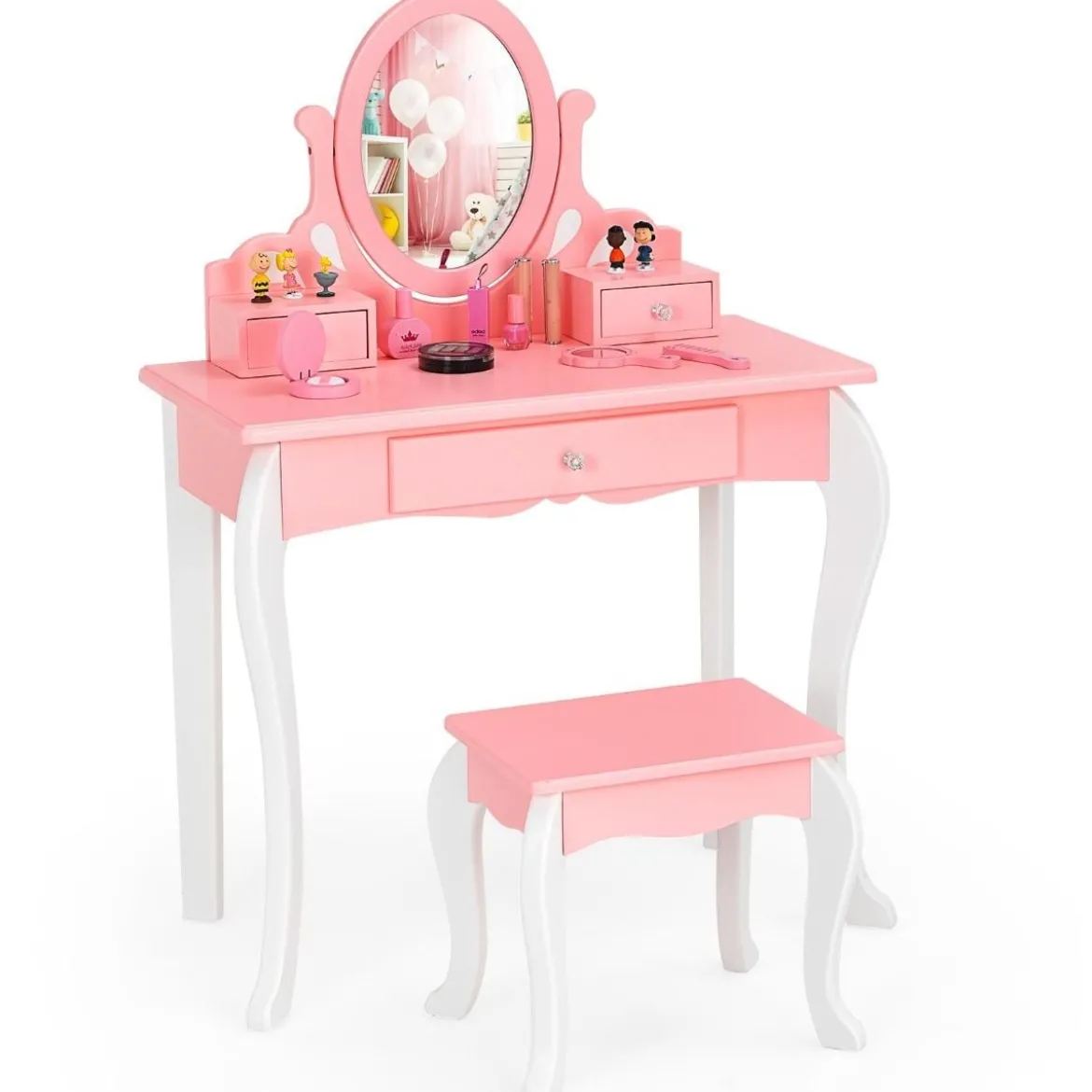 Kinder Schminktisch mit Hocker Prinzessin Frisiertisch mit 3 Schublade & Spiegel Weiß/Rosa