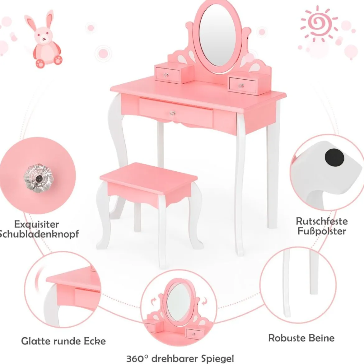 Kinder Schminktisch mit Hocker Prinzessin Frisiertisch mit 3 Schublade & Spiegel Weiß/Rosa