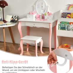 Kinder Schminktisch mit Hocker Prinzessin Frisiertisch mit 3 Schublade & Spiegel Weiß/Rosa