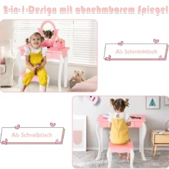 Kinder Schminktisch mit Hocker Prinzessin Frisiertisch mit 3 Schublade & Spiegel Weiß/Rosa