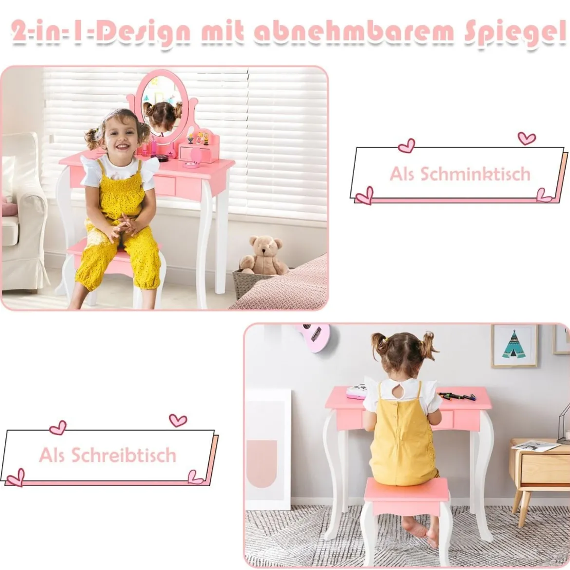 Kinder Schminktisch mit Hocker Prinzessin Frisiertisch mit 3 Schublade & Spiegel Weiß/Rosa