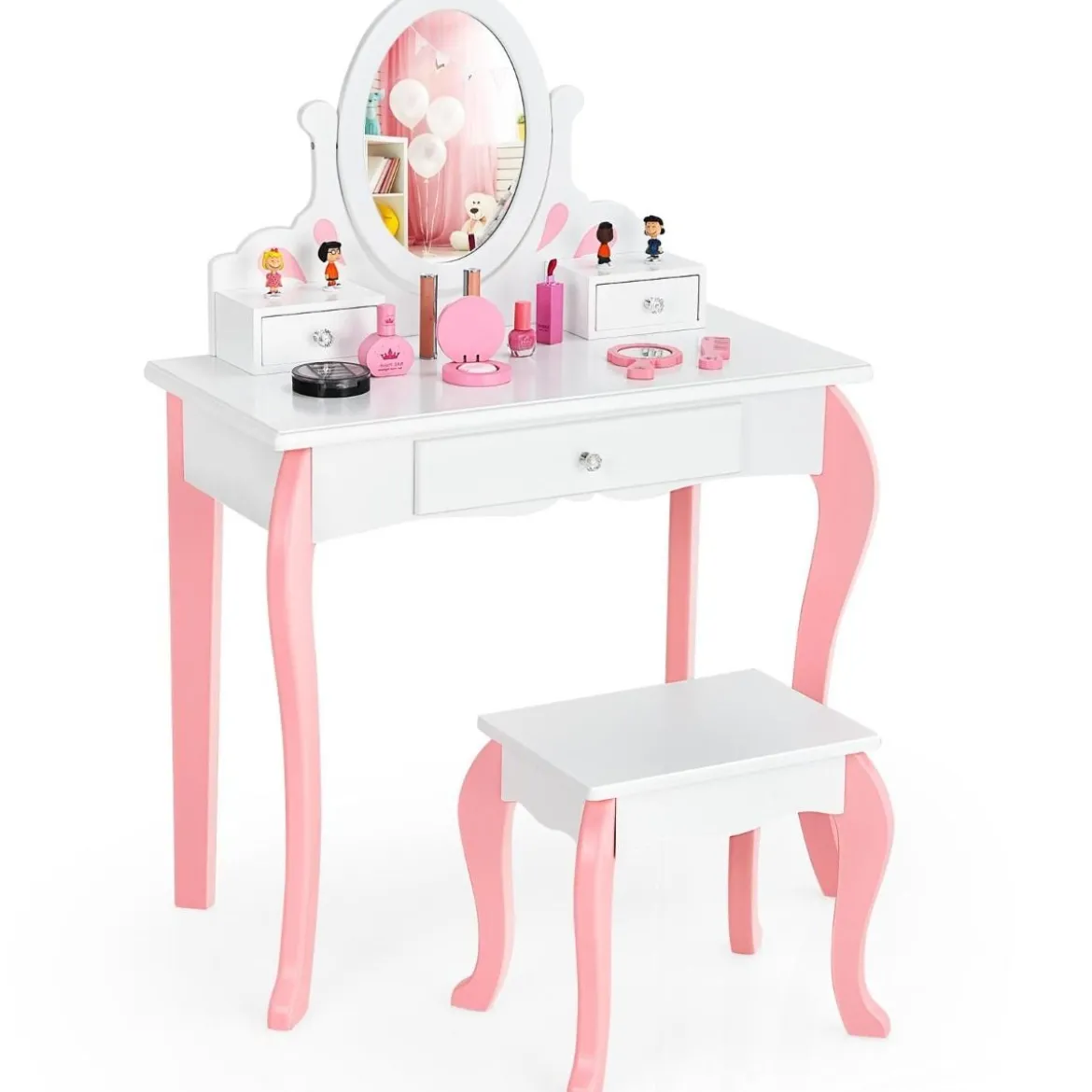 Kinder Schminktisch mit Hocker Prinzessin Frisiertisch mit 3 Schublade & Spiegel Weiß/Rosa