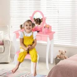 Kinder Schminktisch mit Hocker Prinzessin Frisiertisch mit 3 Schublade & Spiegel Weiß/Rosa