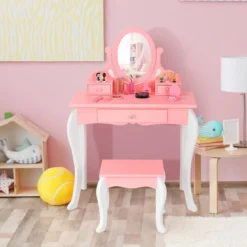 Kinder Schminktisch mit Hocker Prinzessin Frisiertisch mit 3 Schublade & Spiegel Weiß/Rosa