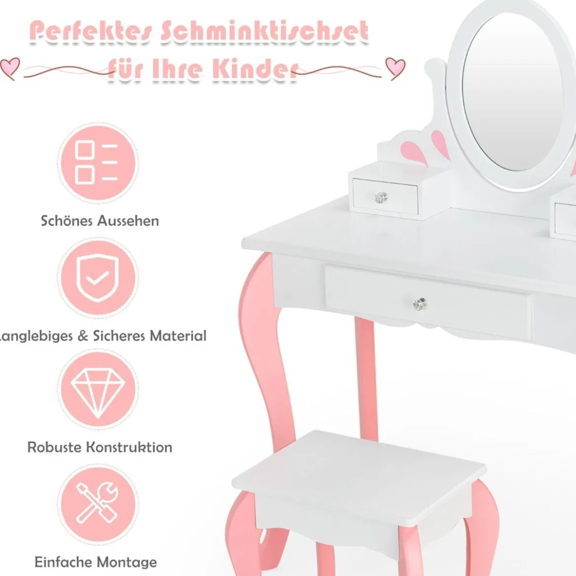 Kinder Schminktisch mit Hocker Prinzessin Frisiertisch mit 3 Schublade & Spiegel Weiß/Rosa