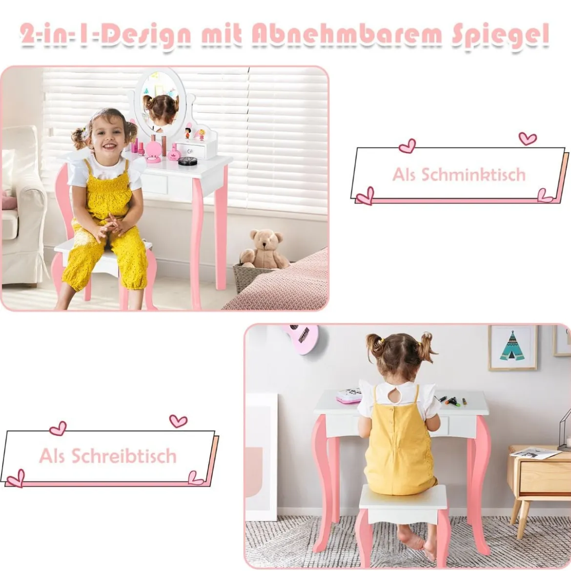Kinder Schminktisch mit Hocker Prinzessin Frisiertisch mit 3 Schublade & Spiegel Weiß/Rosa