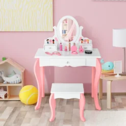 Kinder Schminktisch mit Hocker Prinzessin Frisiertisch mit 3 Schublade & Spiegel Weiß/Rosa