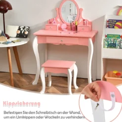 Kinder Schminktisch mit Hocker Prinzessin Frisiertisch mit 3 Schublade & Spiegel Weiß/Rosa