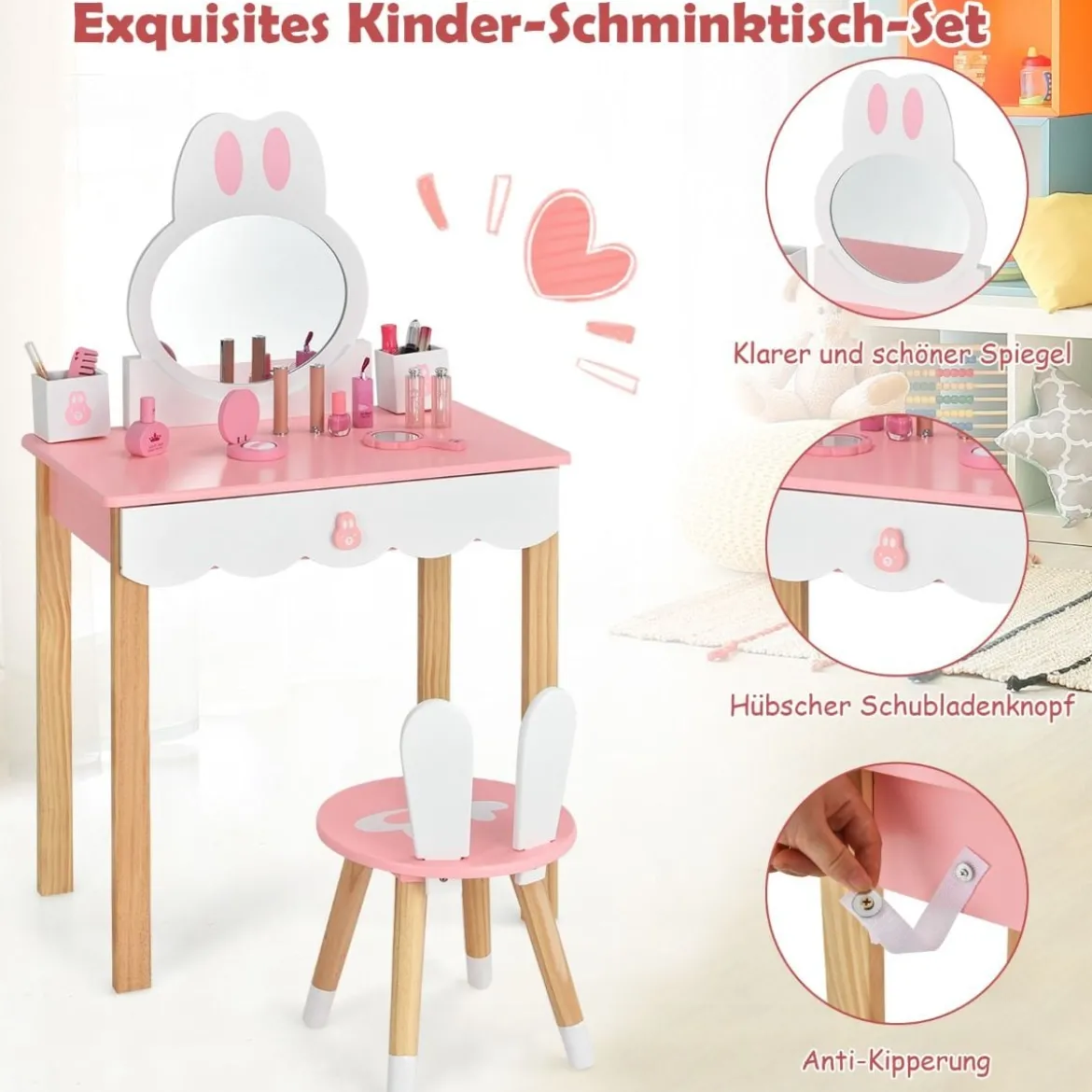 Kinder Schminktisch mit Hocker Prinzessin Schminkkommode 60 x 34 x 103 cm Rosa + Weiß