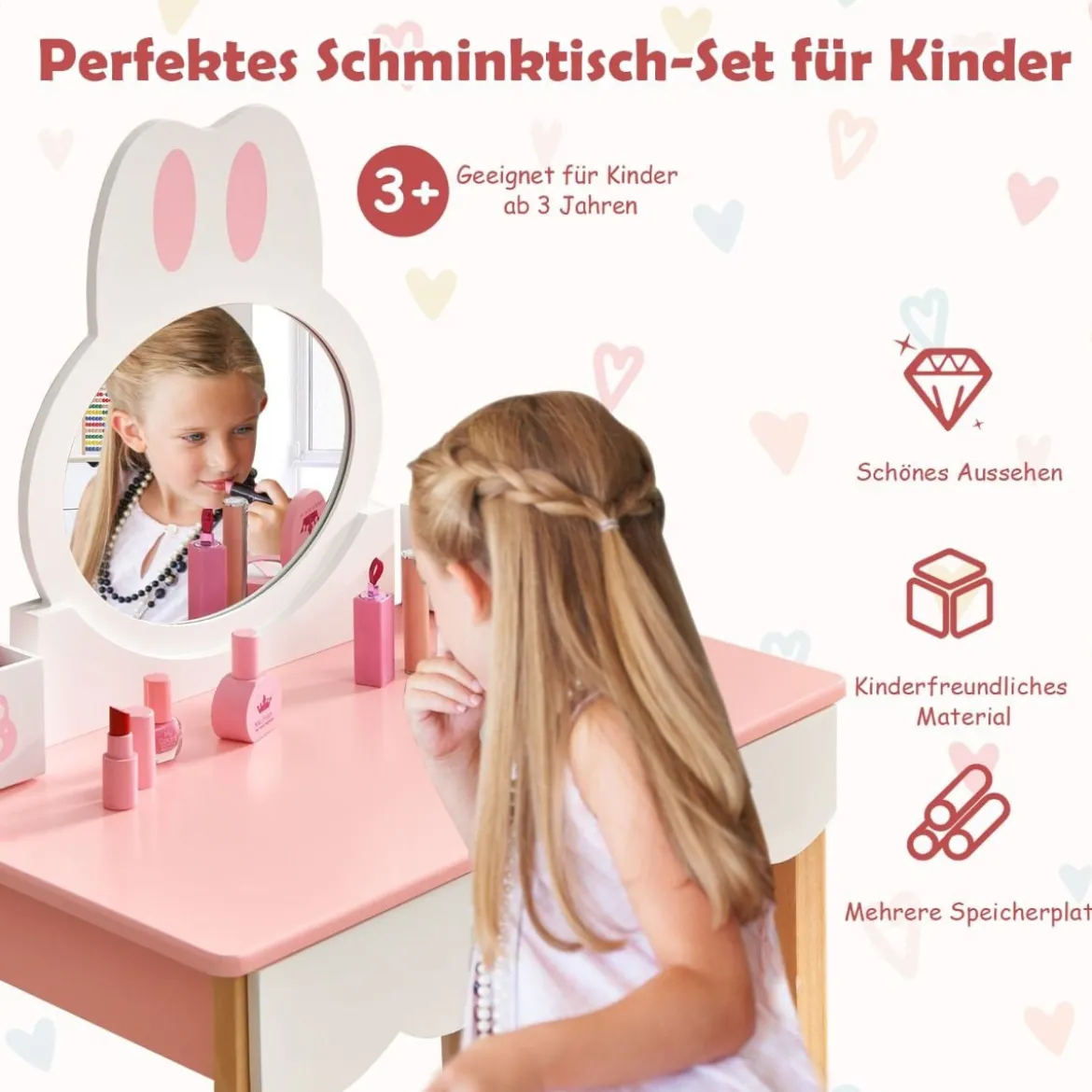 Kinder Schminktisch mit Hocker Prinzessin Schminkkommode 60 x 34 x 103 cm Rosa + Weiß