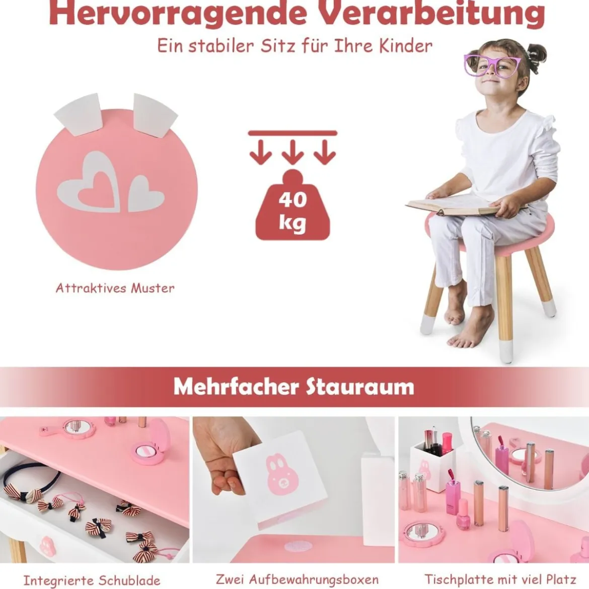 Kinder Schminktisch mit Hocker Prinzessin Schminkkommode 60 x 34 x 103 cm Rosa + Weiß