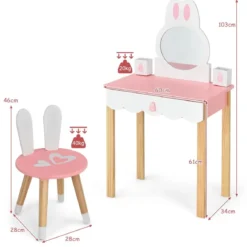 Kinder Schminktisch mit Hocker Prinzessin Schminkkommode 60 x 34 x 103 cm Rosa + Weiß