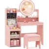 Kinder Schminktisch mit Spiegel & Licht Prinzessin Spieltisch mit Regal Ringschlitzen & gepolstertem Hocker Rosa
