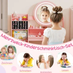 Kinder Schminktisch mit Spiegel & Licht Prinzessin Spieltisch mit Regal Ringschlitzen & gepolstertem Hocker Rosa