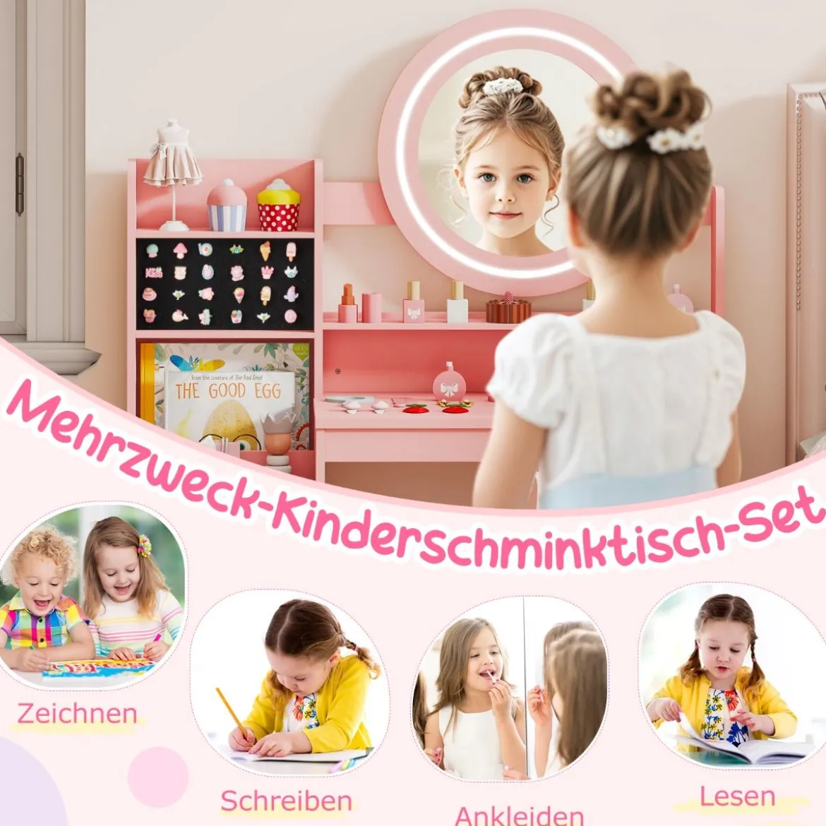 Kinder Schminktisch mit Spiegel & Licht Prinzessin Spieltisch mit Regal Ringschlitzen & gepolstertem Hocker Rosa
