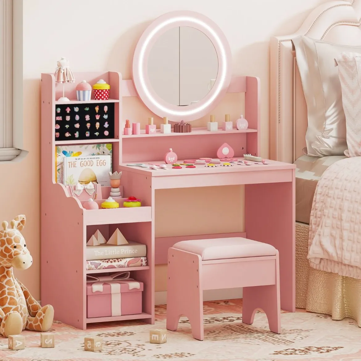 Kinder Schminktisch mit Spiegel & Licht Prinzessin Spieltisch mit Regal Ringschlitzen & gepolstertem Hocker Rosa