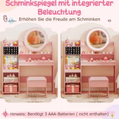Kinder Schminktisch mit Spiegel & Licht Prinzessin Spieltisch mit Regal Ringschlitzen & gepolstertem Hocker Rosa
