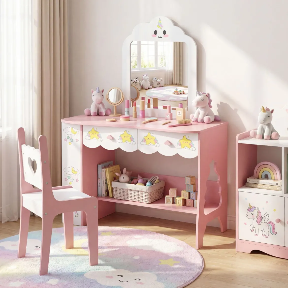 Kinderschminktisch mit Stuhl & Wolkenförmiger Spiegel Schminktisch mit 2 Schubladen Weiß
