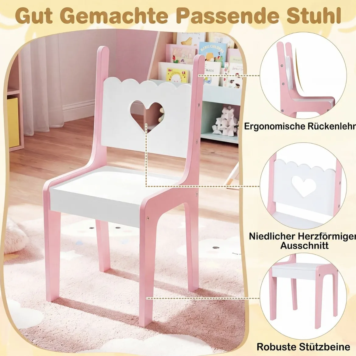 Kinderschminktisch mit Stuhl & Wolkenförmiger Spiegel Schminktisch mit 2 Schubladen Weiß