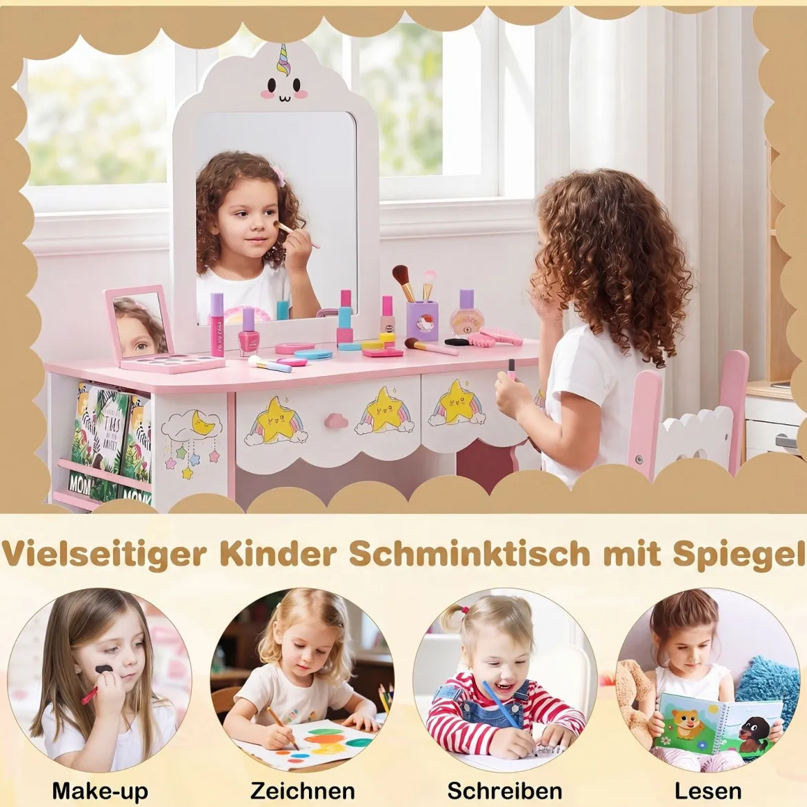 Kinderschminktisch mit Stuhl & Wolkenförmiger Spiegel Schminktisch mit 2 Schubladen Weiß