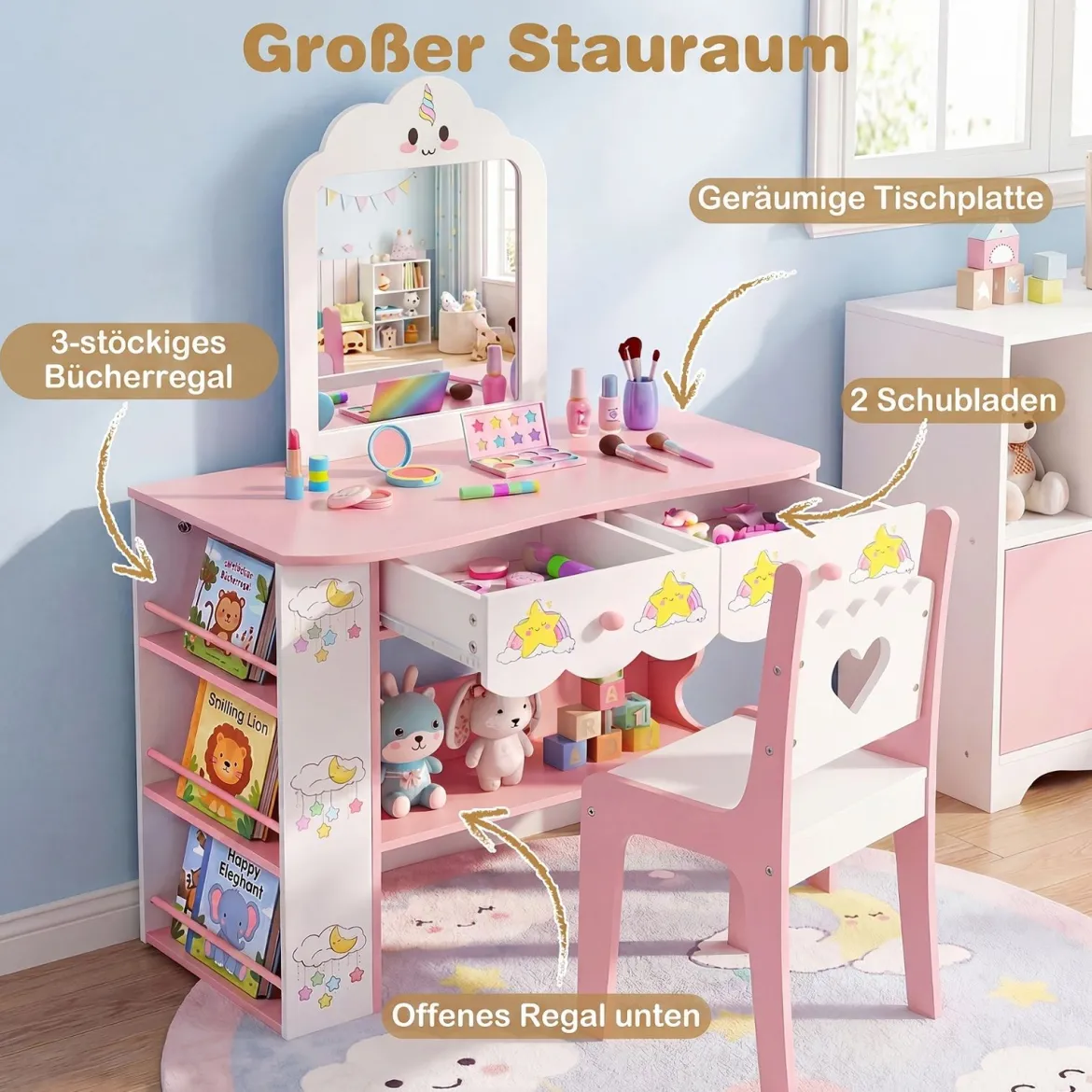 Kinderschminktisch mit Stuhl & Wolkenförmiger Spiegel Schminktisch mit 2 Schubladen Weiß