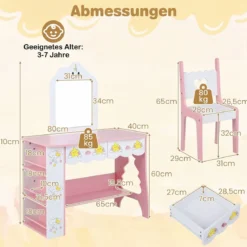 Kinderschminktisch mit Stuhl & Wolkenförmiger Spiegel Schminktisch mit 2 Schubladen Weiß