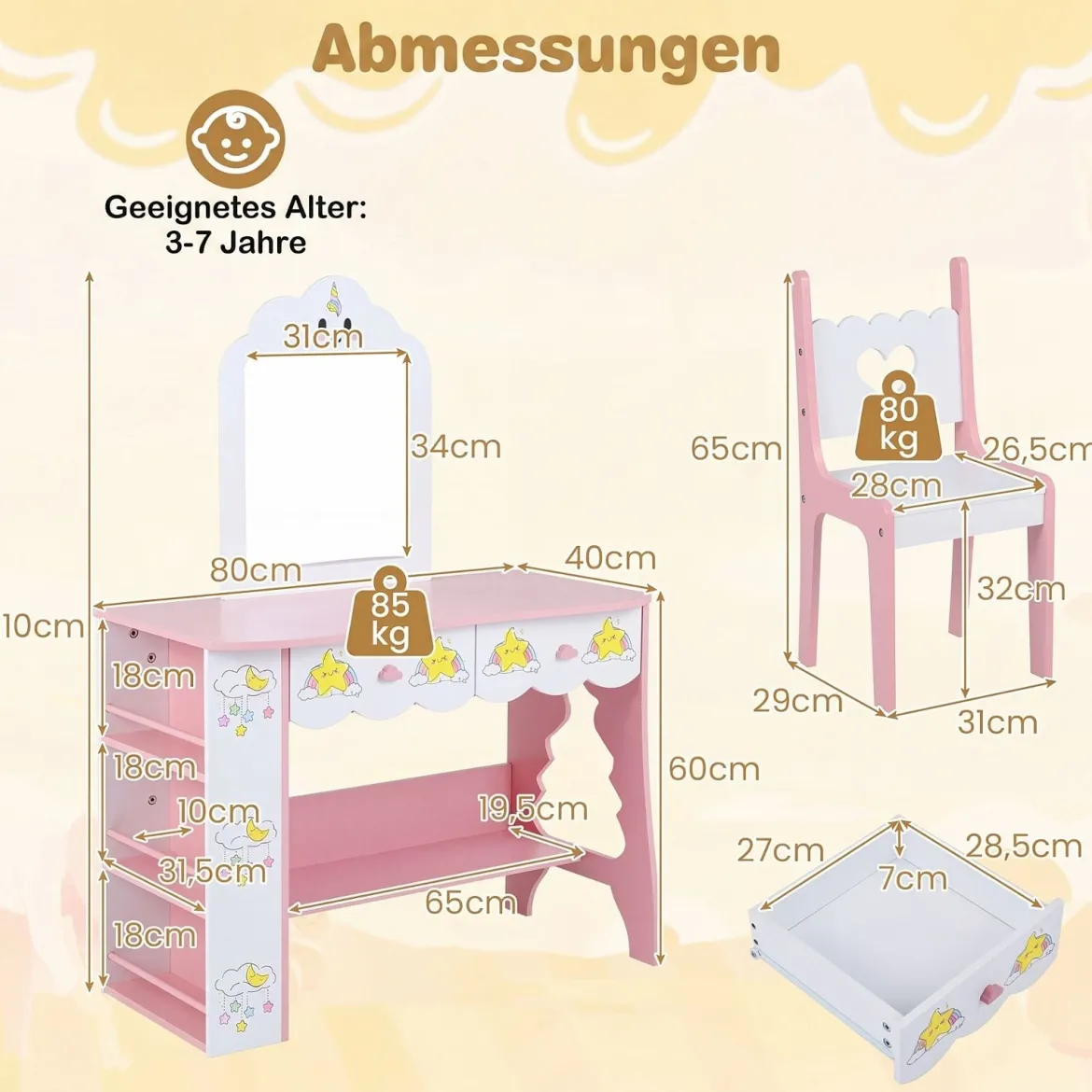Kinderschminktisch mit Stuhl & Wolkenförmiger Spiegel Schminktisch mit 2 Schubladen Weiß