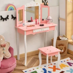 Kinder Schminktisch Prinzessin Frisiertisch mit Schublade Klappbarer Spiegel mit Schminktisch Rosa