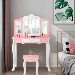 Kinder Schminktisch Prinzessin Frisiertisch mit Schublade Klappbarer Spiegel mit Schminktisch Rosa