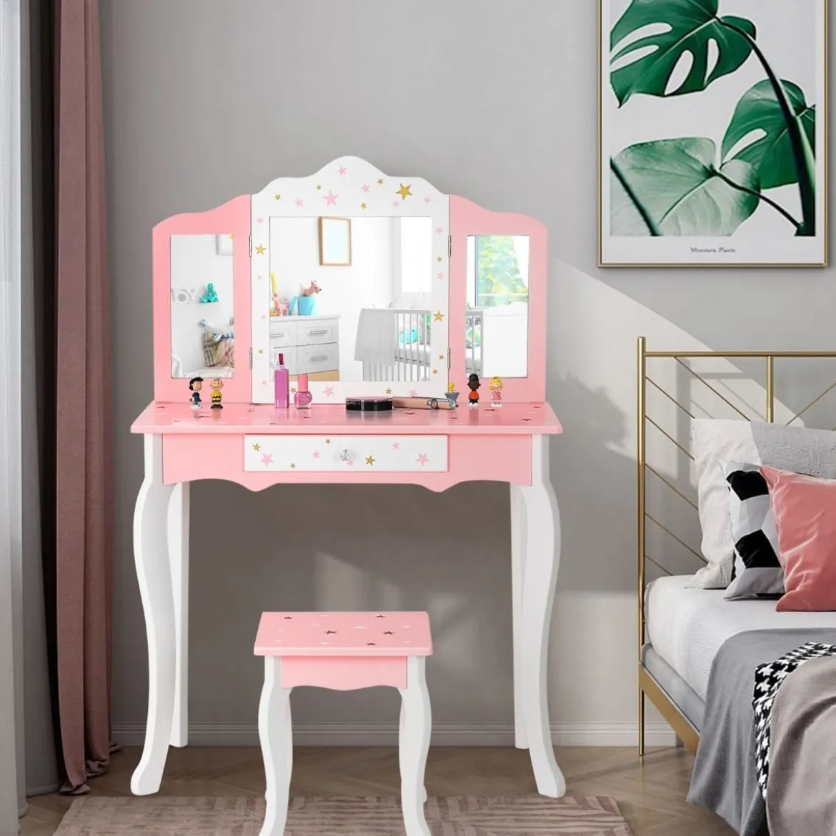 Kinder Schminktisch Prinzessin Frisiertisch mit Schublade Klappbarer Spiegel mit Schminktisch Rosa