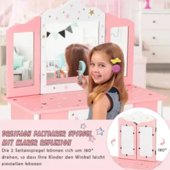 Kinder Schminktisch Prinzessin Frisiertisch mit Schublade Klappbarer Spiegel mit Schminktisch Rosa
