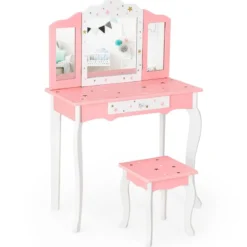 Kinder Schminktisch Prinzessin Frisiertisch mit Schublade Klappbarer Spiegel mit Schminktisch Rosa