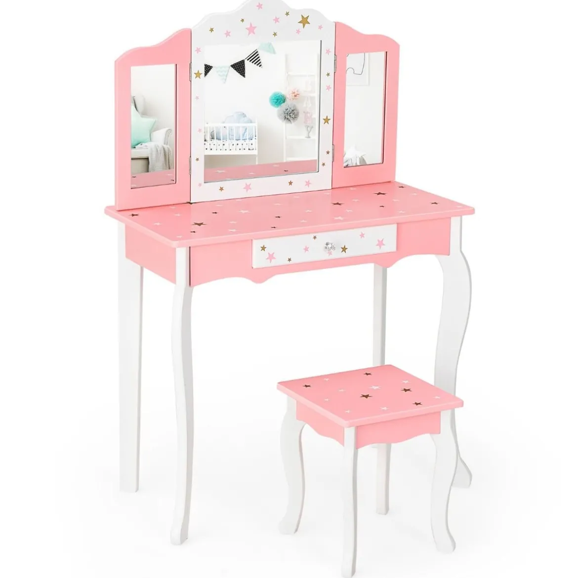 Kinder Schminktisch Prinzessin Frisiertisch mit Schublade Klappbarer Spiegel mit Schminktisch Rosa