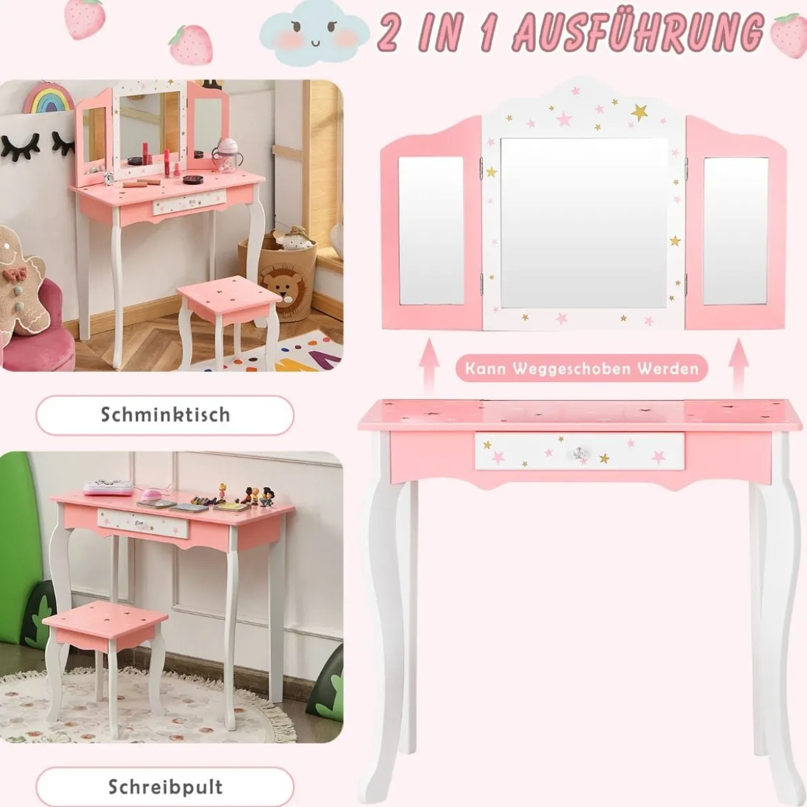 Kinder Schminktisch Prinzessin Frisiertisch mit Schublade Klappbarer Spiegel mit Schminktisch Rosa