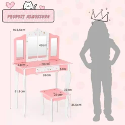 Kinder Schminktisch Prinzessin Frisiertisch mit Schublade Klappbarer Spiegel mit Schminktisch Rosa