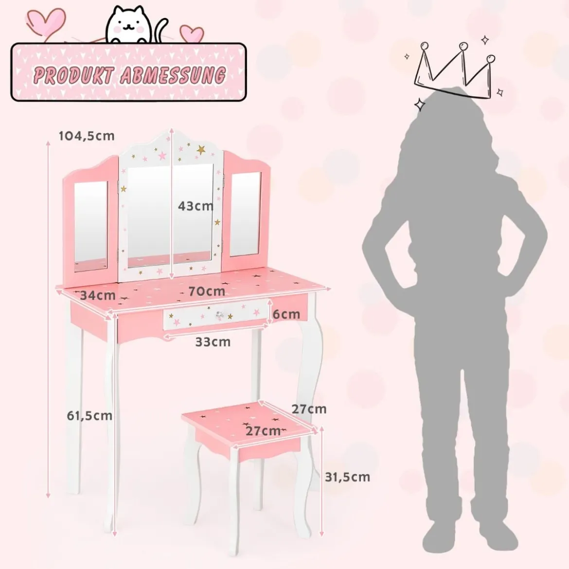 Kinder Schminktisch Prinzessin Frisiertisch mit Schublade Klappbarer Spiegel mit Schminktisch Rosa
