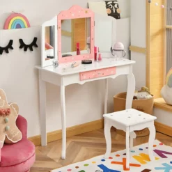 Kinder Schminktisch Prinzessin Frisiertisch mit Schublade Klappbarer Spiegel mit Schminktisch Weiß