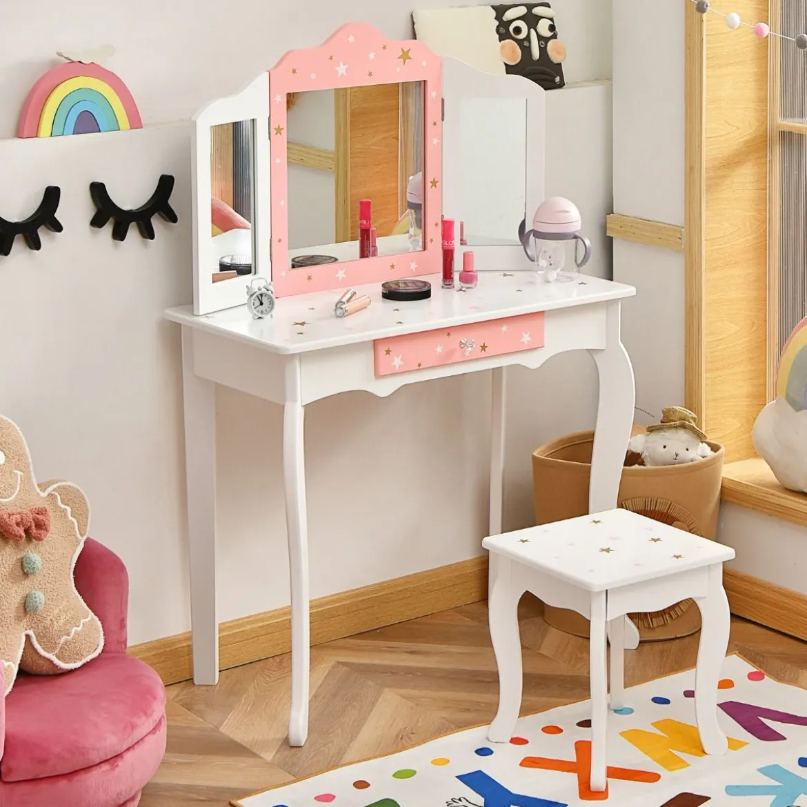 Kinder Schminktisch Prinzessin Frisiertisch mit Schublade Klappbarer Spiegel mit Schminktisch Weiß