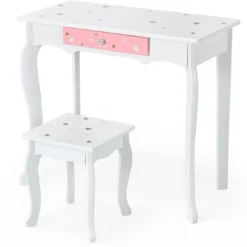 Kinder Schminktisch Prinzessin Frisiertisch mit Schublade Klappbarer Spiegel mit Schminktisch Weiß