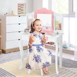 Kinder Schminktisch Prinzessin Frisiertisch mit Schublade Klappbarer Spiegel mit Schminktisch Weiß