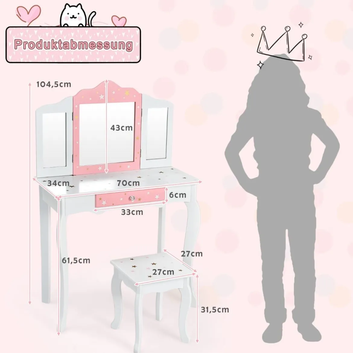 Kinder Schminktisch Prinzessin Frisiertisch mit Schublade Klappbarer Spiegel mit Schminktisch Weiß