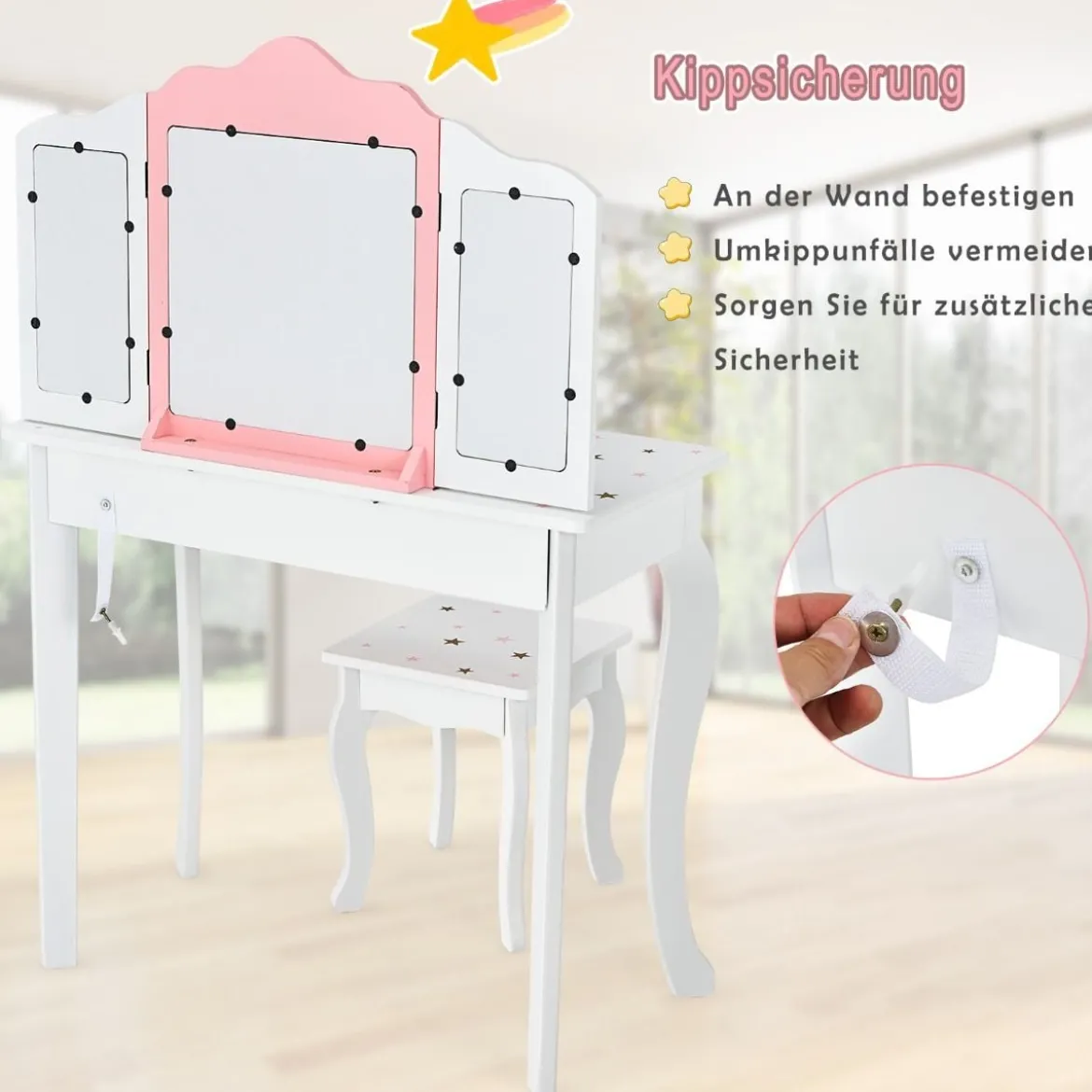 Kinder Schminktisch Prinzessin Frisiertisch mit Schublade Klappbarer Spiegel mit Schminktisch Weiß