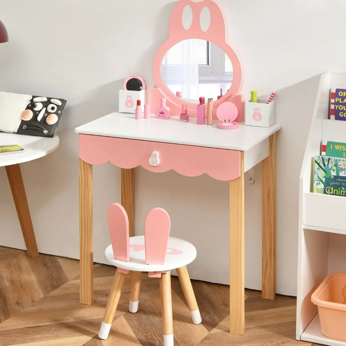 Kinder Schminktisch Schminkkommode mit Hocker Frisiertisch mit Spiegel 60 x 34 x 103 cm Rosa